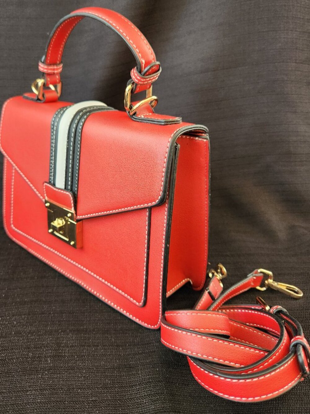 Scarleton Women's Satchel Handbag Red White Black Flap Crossbody Bag Adj Strap - Picture 6 of 16